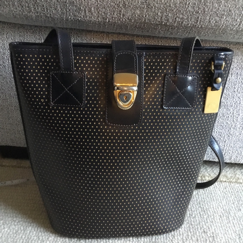 Vintage Dooney & Bourke Black Yellow Dots Cabrio Leather Bucket Purse
